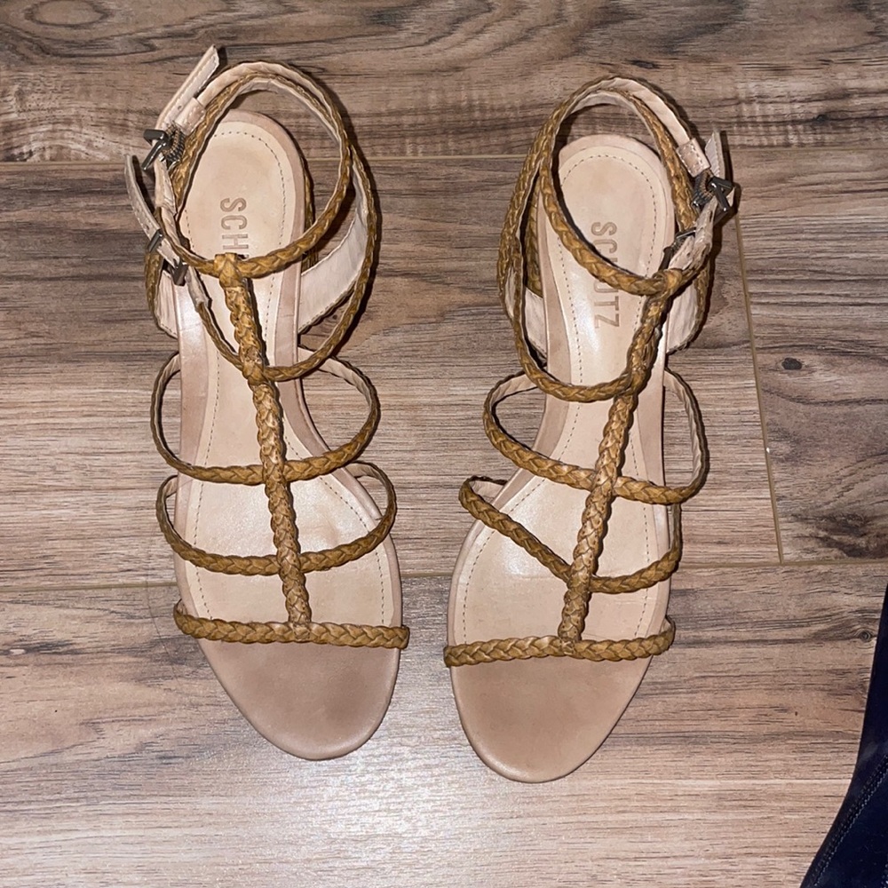 Schutz brown leather braided accent gladiator sandal